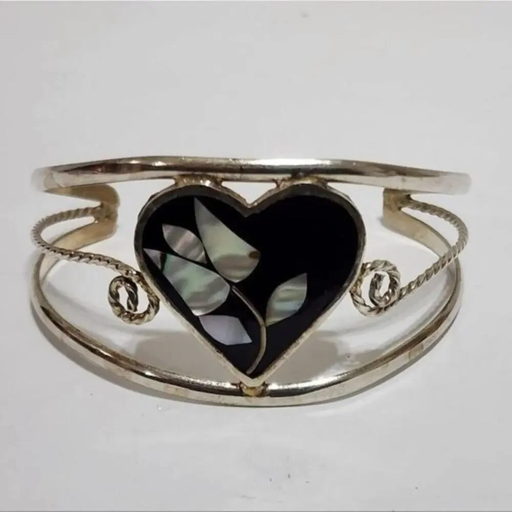 VINTAGE Alpaca Mexico silver‎ abalone cuff bracelet